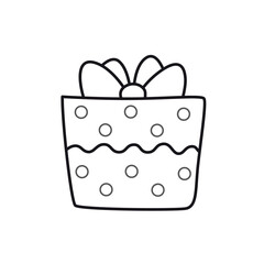 Christmas gift, polka dot box. Funny cute outline holiday illustration. Vector isolated emblem for logo, coloring book, tattoo, print.