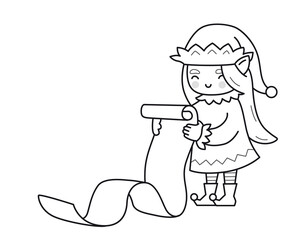 Christmas elf girl with scroll of gifts. Female cartoon character. Funny cute outline illustration. Vector isolated emblem for logo, coloring book, tattoo, print.