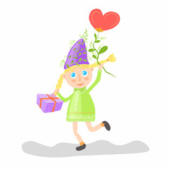 A little gnome girl running with cake in gift box and baloon in heart shape to celebrate holiday. A cartoon colorful illustration for valentine greetings or invitations.