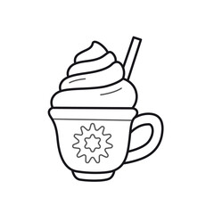 Irish coffee drink with whipped cream. Outline illustration. Traditional hot winter drink. Vector isolated emblem for logo, coloring book, tattoo, print.