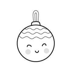 Christmas ball toy with cute face. Holiday decoration. Outline illustration. Vector isolated emblem for logo, coloring book, tattoo, print. Cartoon character.