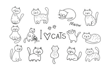 Set of vector doodle illustrations of cats. Hand drawn word, lettering - I love cats, meow. 