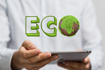 Eco word on the background of green leaves of carrots. plantation. Agriculture. harvest. Environmentally friendly, climate change