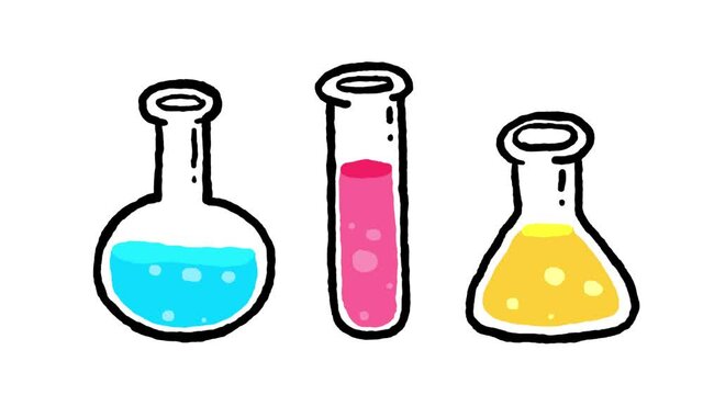 Cartoon vessels with color liquid. Physics, chemistry. Illustrating chemical process. Cartoon good for educational meterials, etc...