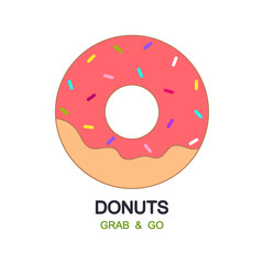 Donut with pink icing and colorful decoration. Vector illustration in a flat style.
