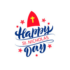 Happy Saint Nicholas Day handwritten text isolated on white background. Modern brush calligraphy, hand lettering for winter holiday on December 6. Vector illustration for print, poster, greeting card