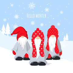 Christmas greeting card with three cute dwarfs on a winter background with snowflakes. Vector.