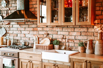 kitchen in authentic stylish chalet decorated for Christmas or New Year eve dinner, details of a...