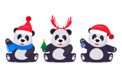 set of chinese christmas pandas in santa hat, deer antlers with fir tree and christmas ball.