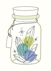 Vector bright lineart sketch quartz crystals in glass bottle. Pixiecore and fairycore