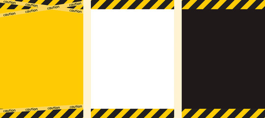 Set of caution safety banners. Black yellow white striped vertical poster. Caution safety template. Stripe yellow black tape. Hazard warning Yellow black diagonal stripes, lines. Graphic illustration.