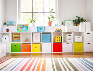 White nursery room with shelves and colourful boxes. - obrazy, fototapety, plakaty
