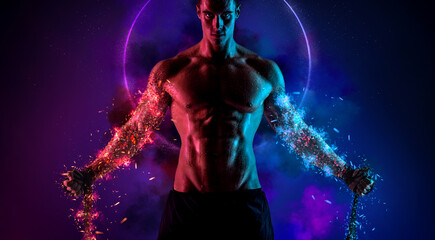 Boxing concept. Sportsman muay thai boxer fighting in gloves. Isolated on neon background. Copy Space. © Mike Orlov