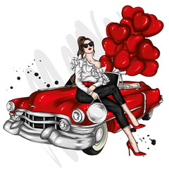 A beautiful girl in stylish clothes, balloons in the shape of hearts and a retro car. Valentine's Day. Fashion & Style. - 472289901