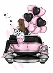 A beautiful girl in stylish clothes, balloons in the shape of hearts and a retro car. Valentine's Day. Fashion & Style. - 472289905