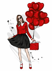 Beautiful girl in stylish clothes and heart-shaped balloons. Love and Valentine's Day. Fashion and style, clothing and accessories.
