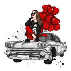 A beautiful girl in stylish clothes, balloons in the shape of hearts and a retro car. Valentine's Day. Fashion & Style. - 472289915