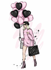 Beautiful girl in stylish clothes and a balloon in the form of hearts. Fashion and style, clothing and accessories. Vector illustration.
- 472289923
