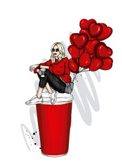 Beautiful girl in stylish clothes and heart-shaped balloons. Love and Valentine's Day. Fashion and style, clothing and accessories.