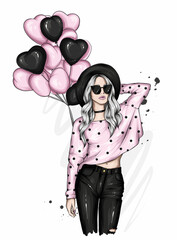 Beautiful girl in stylish clothes and a balloon in the form of hearts. Fashion and style, clothing and accessories. Vector illustration.
- 472289929