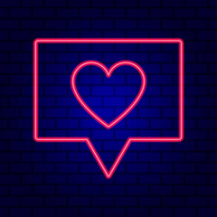 Neon Red Glowing Heart in Spech Bubble Banner on Dark Empty Grunge Brick Background.