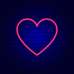 Neon heart. Bright night neon signboard on brick wall background with backlight.