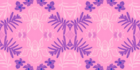 Seamless flower folk pattern. Abstract ethnic print. Watercolor batik background.