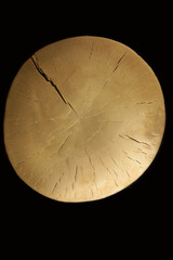 Golden circle with the texture of a saw cut of a tree on a black background - 472290596