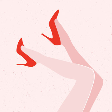 Female legs in high heels red shoes up in air vector illustration. Classy feminine fashion background. Girl boss power graphic design.