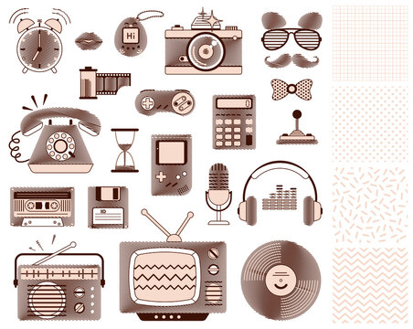 Set of old mass media appliances: TV, radio, microphone, headphones, camera, phone, etc. Hand drawn sepia style icons isolated for stickers, hipster party invitations. Retro seamless patterns included