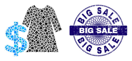 Geometric collage dress price, and Big Sale textured stamp. Violet stamp seal has Big Sale tag inside round shape. Vector dress price collage is composed with scattered round, triangle, square parts.