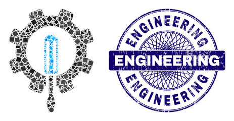 Geometric collage engineering, and Engineering rubber seal print. Blue seal has Engineering text inside round shape. Vector engineering mosaic is created of scattered round, triangle, square parts.