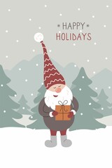 Happy Holidays greeting card. Christmas cute swedish gnome in red santa hat holding present. Scandinavian design element for poster, banner, postcard, flyer, gift tags and labels. Vector illustration 