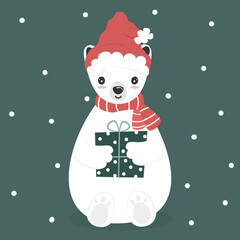 Cute lovely hand drawn cartoon character baby white polar bear with santa claus hat and gift box winter holiday vector illustration for christmas greeting card