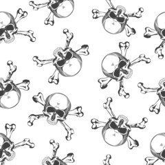 Vintage monochrome skull with crossbones isolated vector illustration