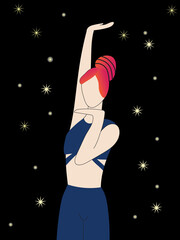 Girls dance a glamorous dance on a black background. Illustration for dance studios, circles, T-shirt cards, stripes.