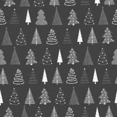 Christmas tree in doodle style pattern on gray background. Vector stock illustration