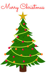 Decorated Christmas tree with star, balls and garland. Merry Christmas greeting card. Vector illustration in cartoon style.