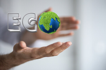 Eco word on the background of green leaves of carrots. plantation