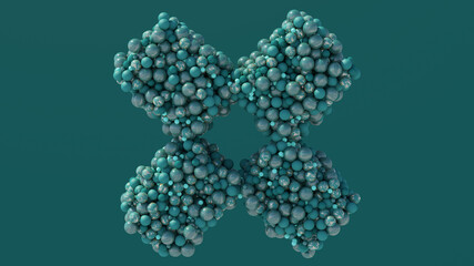 Cross shape with textured green balls. Green background. Abstract illustration, 3d render.