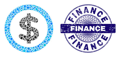 Obraz premium Geometric mosaic finance, and Finance textured stamp. Violet stamp seal contains Finance caption inside circle form. Vector finance collage is made from random circle, triangle, square dots.