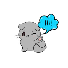 cartoon kitten saying Hi, illustration, comic style and blue talk bubble, cat isolated.