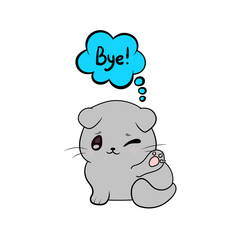 cartoon kitten saying Bye, illustration, comic style and blue talk bubble, cat isolated.