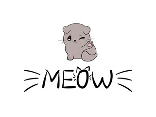 Meow Illustration, Cute Kitten and Meow Word with Whiskers Isolated.