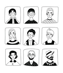 set of portraits of male faces in cartoon style