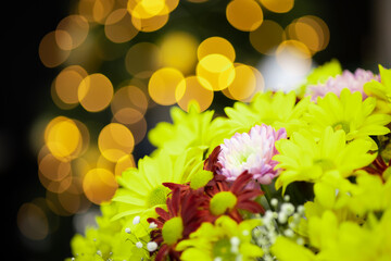 a bouquet of yellow flowers on the background of a Christmas tree that glows