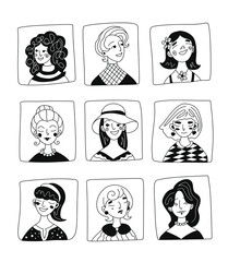 set of portraits of female faces in cartoon style