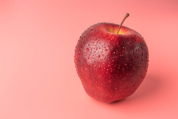 red apple with water drops on a pink background