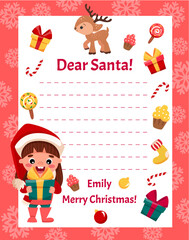Letter template to Santa Claus from kids. Children Christmas wish list with gifts, snow, and winter elements. Cartoon vector illustration.