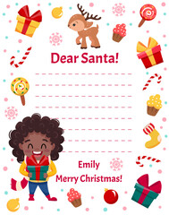 Letter template to Santa Claus from kids. Children Christmas wish list with gifts, snow, and winter elements. Cartoon vector illustration.